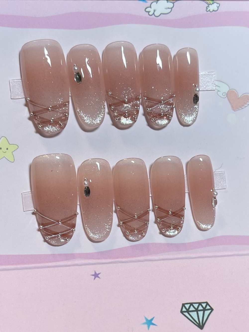 💖5 for $25😻 Nude Pink Press-On Nail Set with Silver Accent